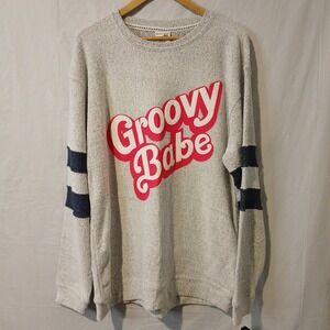 Womens XL Groovy Babe Barbie Theme Textured Sweatshirt Pacific Co Blue Gray